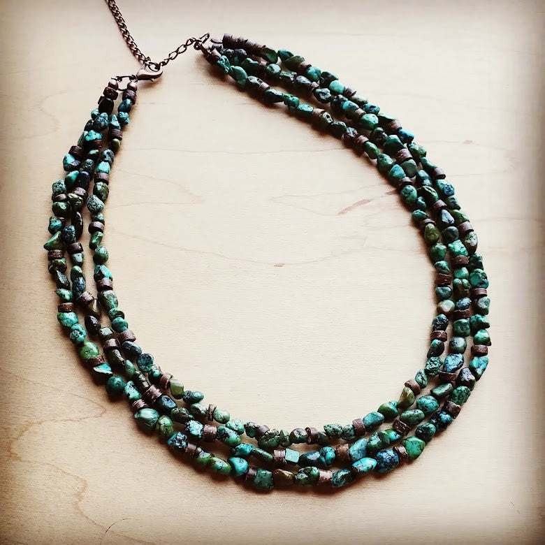 Triple Strand Natural Turquoise &amp; Wood Collar Necklace 250m