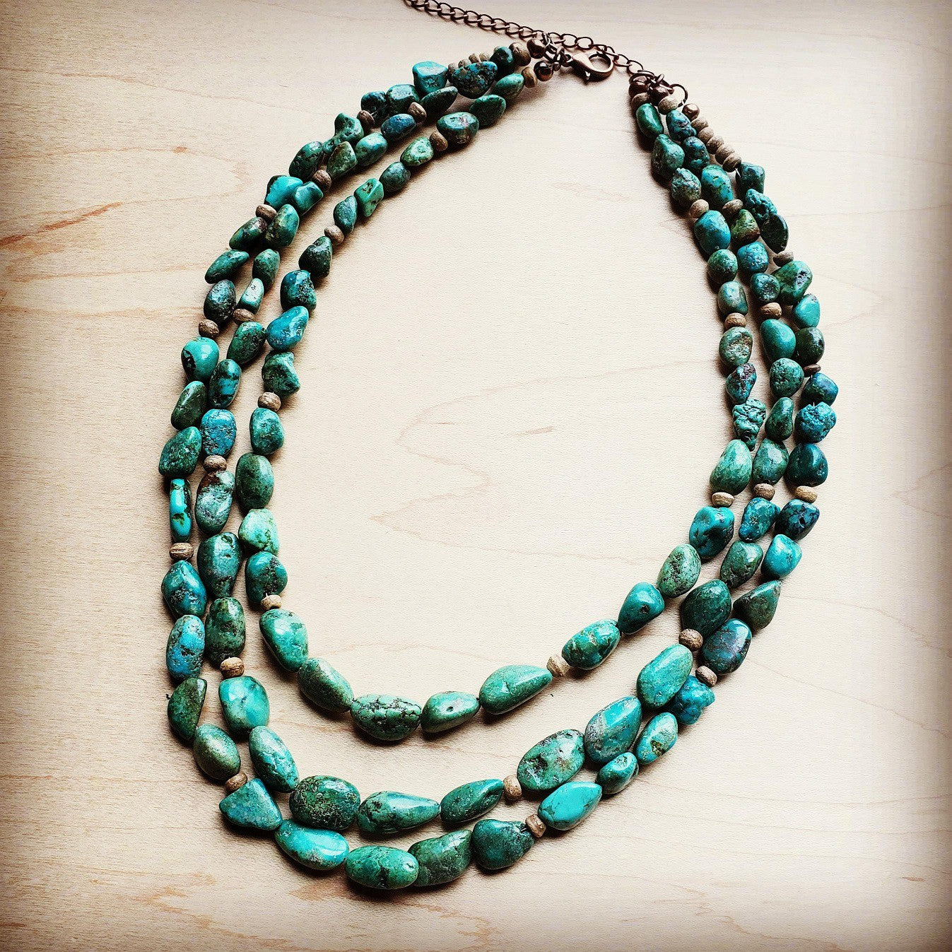 Triple Strand Natural Turquoise &amp; Wood Collar Necklace 250m