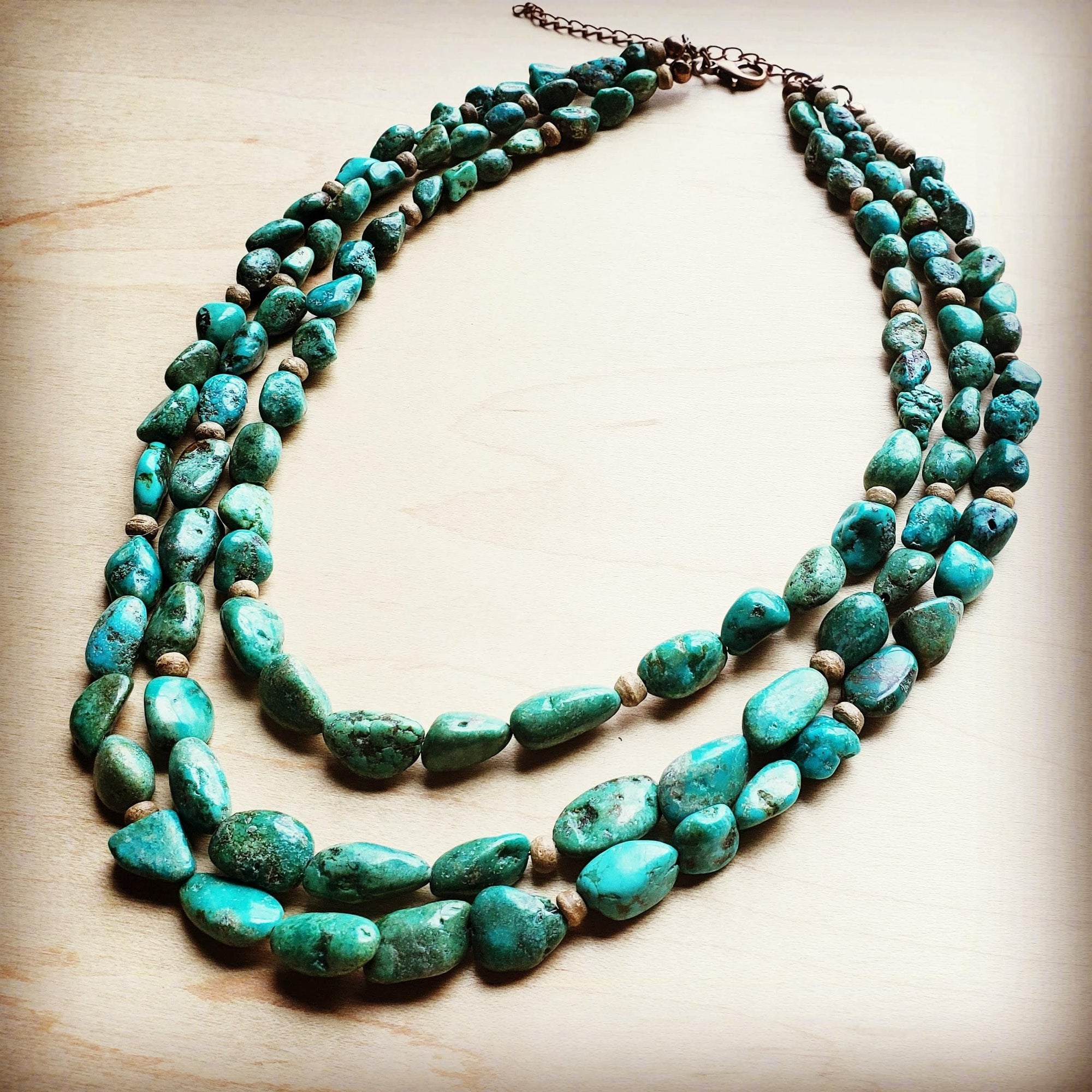 Triple Strand Natural Turquoise &amp; Wood Collar Necklace 250m