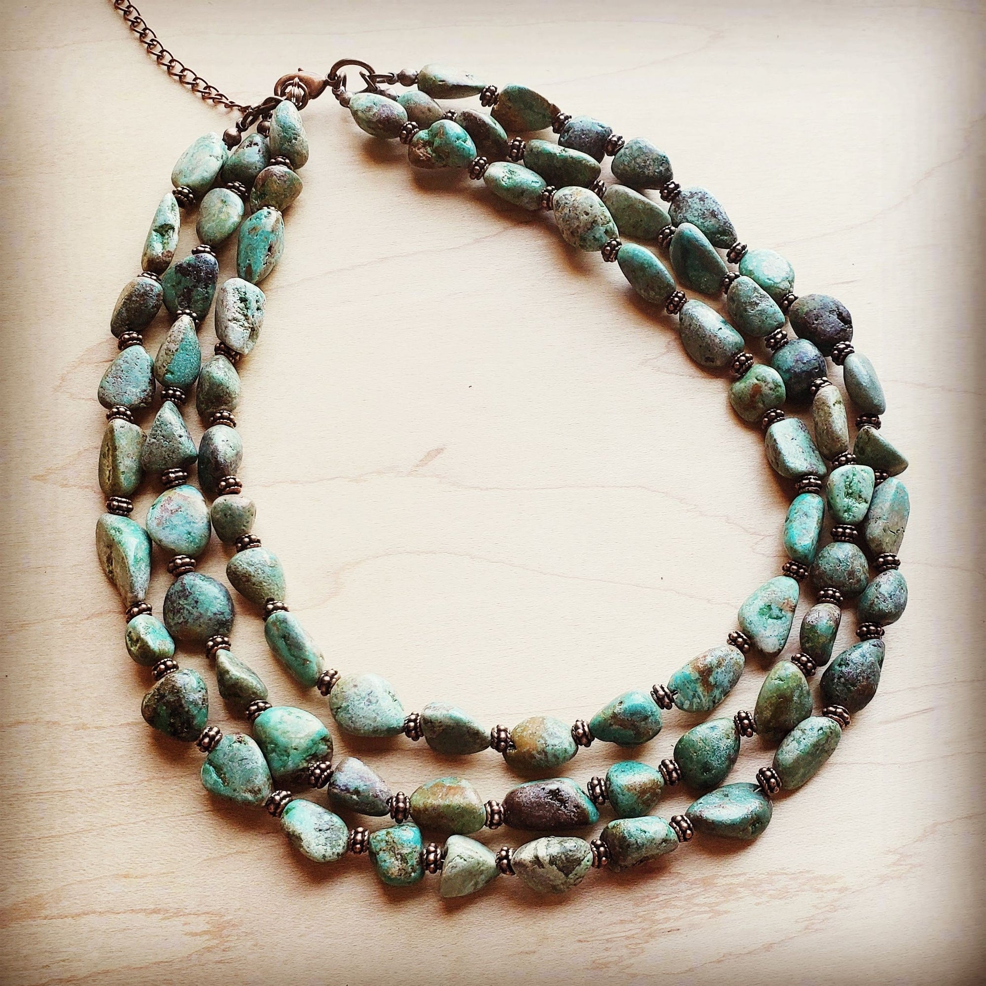 Triple Strand Natural Turquoise &amp; Copper Collar Necklace 250n