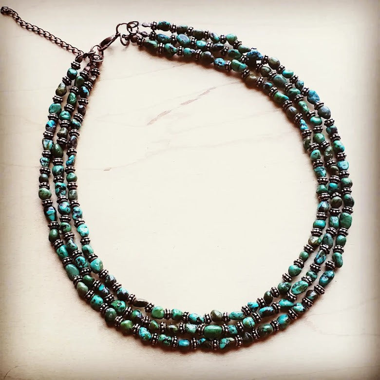 Triple Strand Natural Turquoise &amp; Copper Collar Necklace 250n