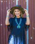 Turquoise Squash Blossom Necklace w/ Short Black Tassel 261y