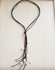 Dark Brown Boho Knotted Leather Cord Necklace w/ Pearls 263w