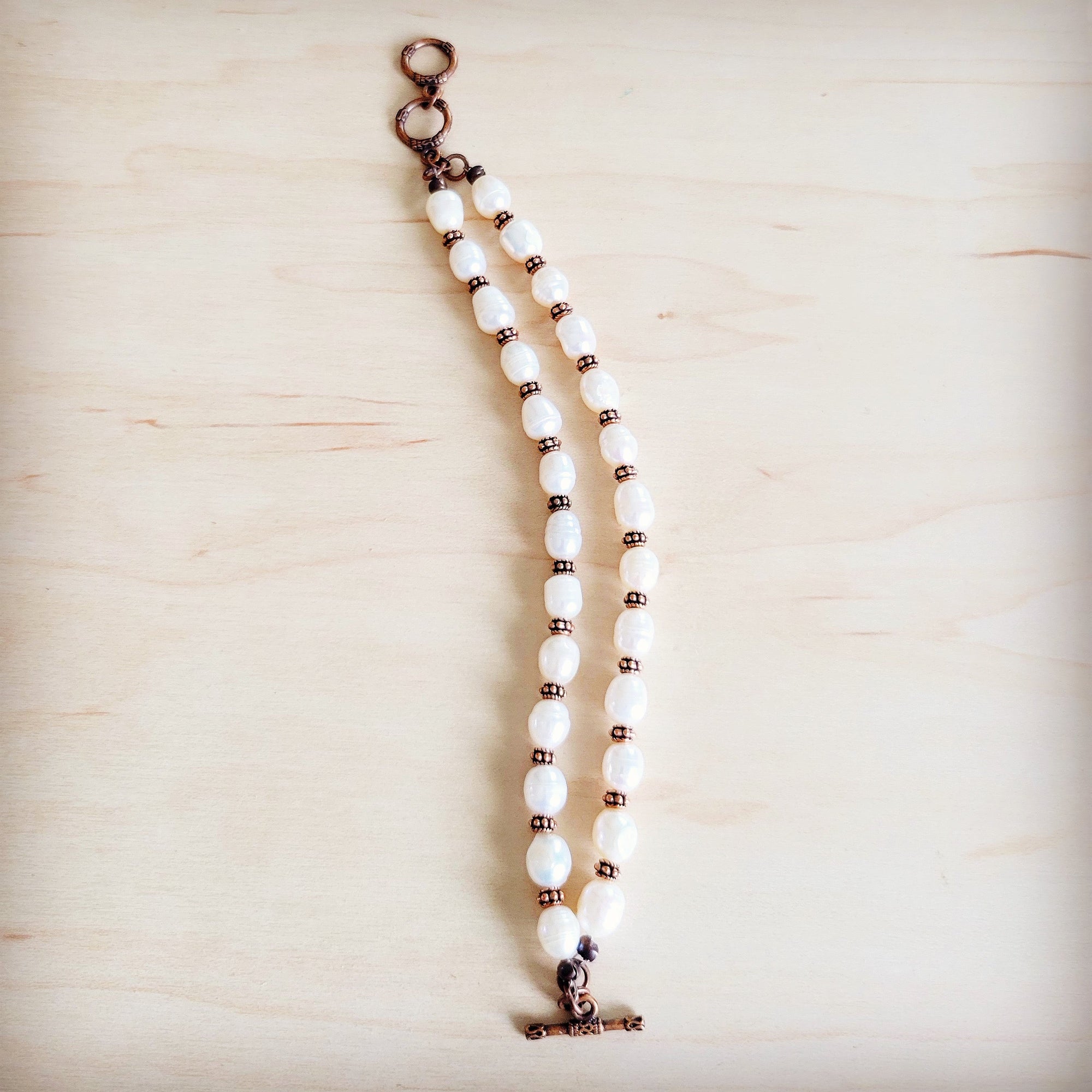 Freshwater Pearl &amp; Copper Boho Beaded Double Strand Bracelet 811y