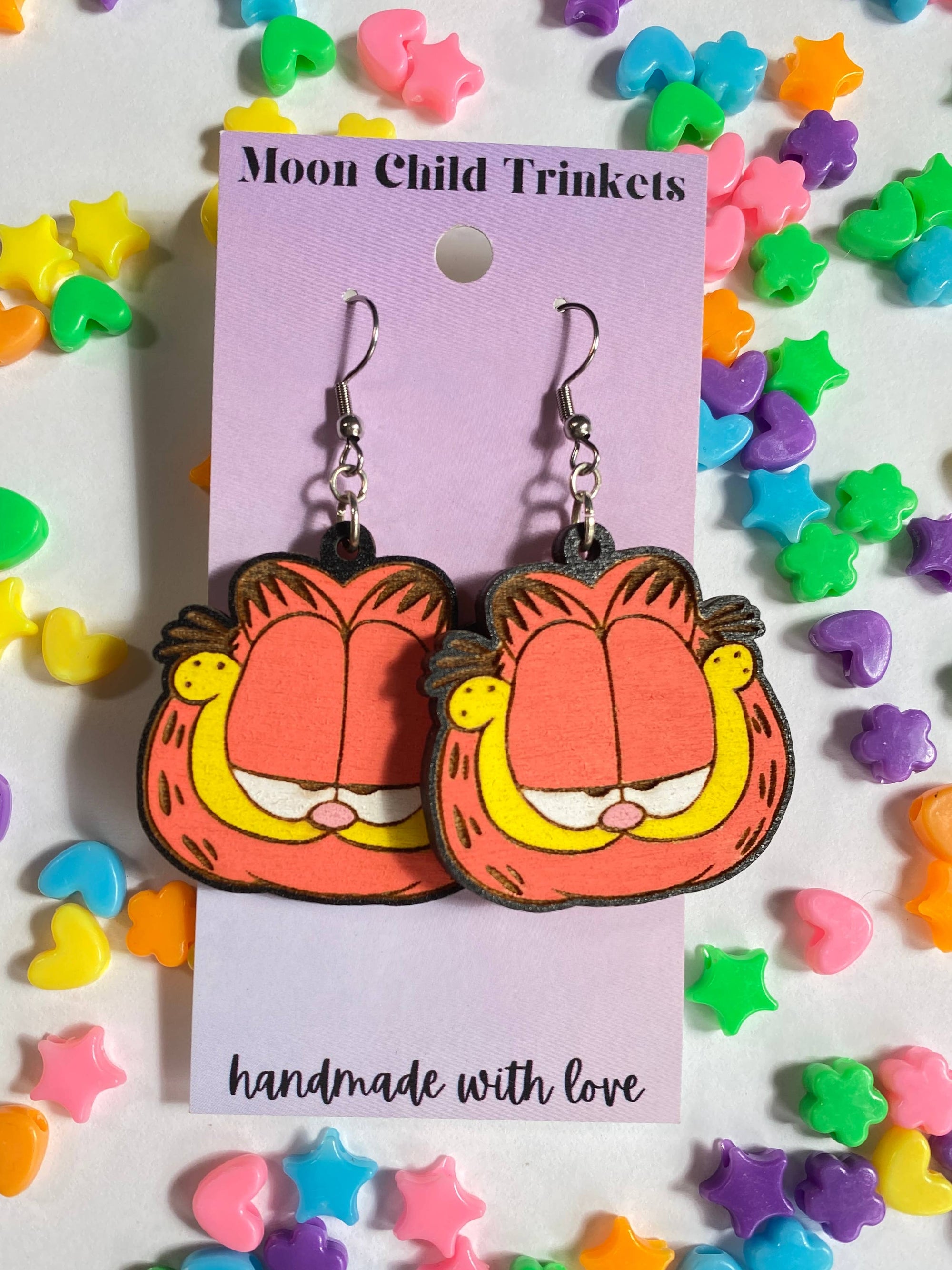 Garfield Cat Hand Painted Wood Dangle Earrings