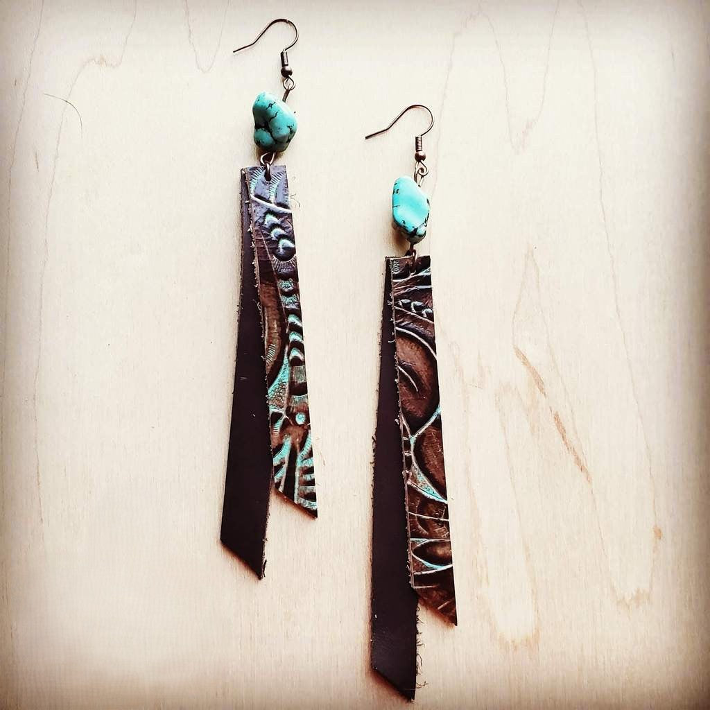 Leather Rectangle Earrings in Turquoise Brown Floral 203e