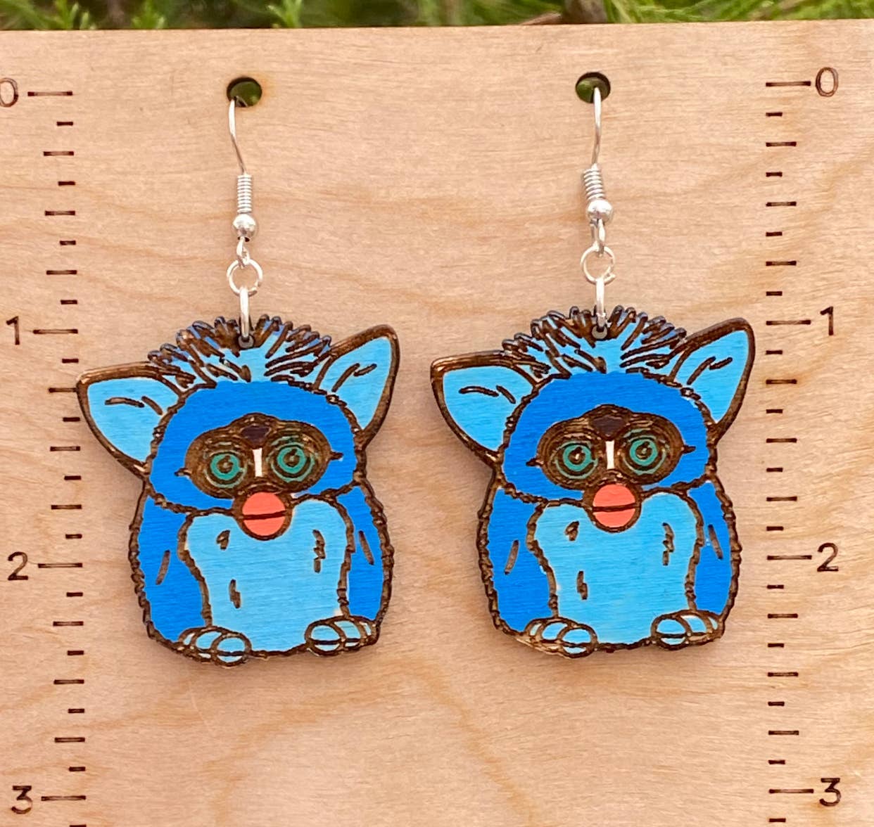 Furby Toy Pet Y2K inspired hand painted wood earrings
