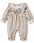 Embroidered Wildflower Linen Baby Romper With Lace Trim