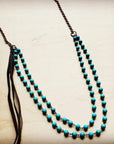 Double Strand Blue Turquoise Beaded Necklace, Leather Tassel 252d