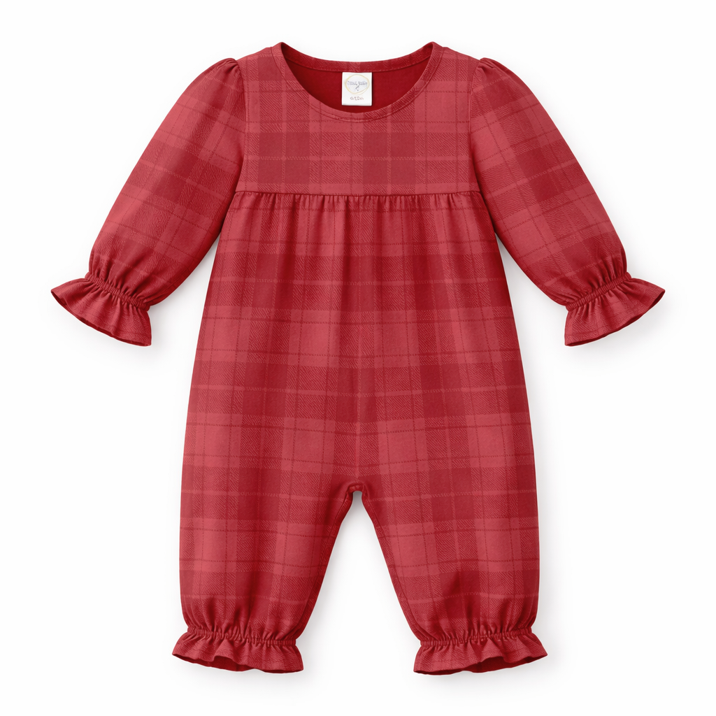 Red Plaid Baby Girl Romper With Ruffles &amp; Puff Sleeves