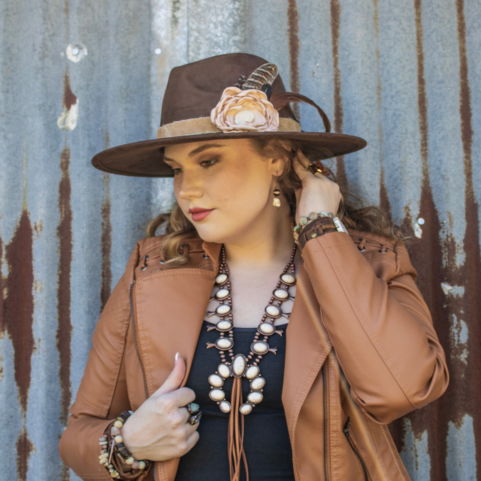Leather Hat Band w/ Silk Flower &amp; Feathers-Blush (Band Only) 953a