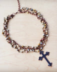 Natural Agate Beaded Collar Necklace w/ Cross Pendant 261d