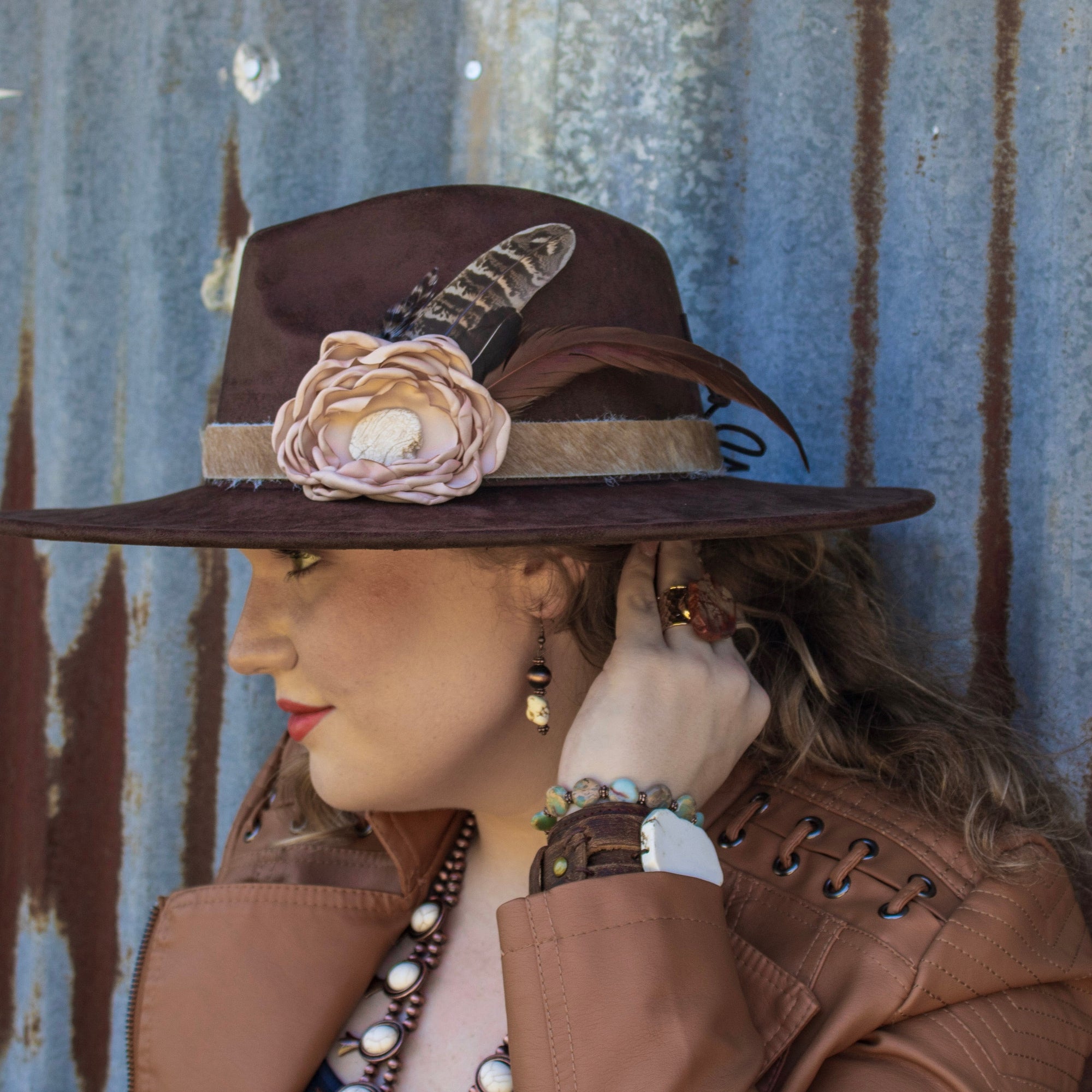 Leather Hat Band w/ Silk Flower &amp; Feathers-Blush (Band Only) 953a