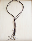 Dark Brown Boho Knotted Leather Cord Necklace w/ Pearls 263w
