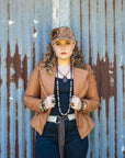 Hand-Painted Leopard Suede Baseball Cap w/ Flowers Tan 986L