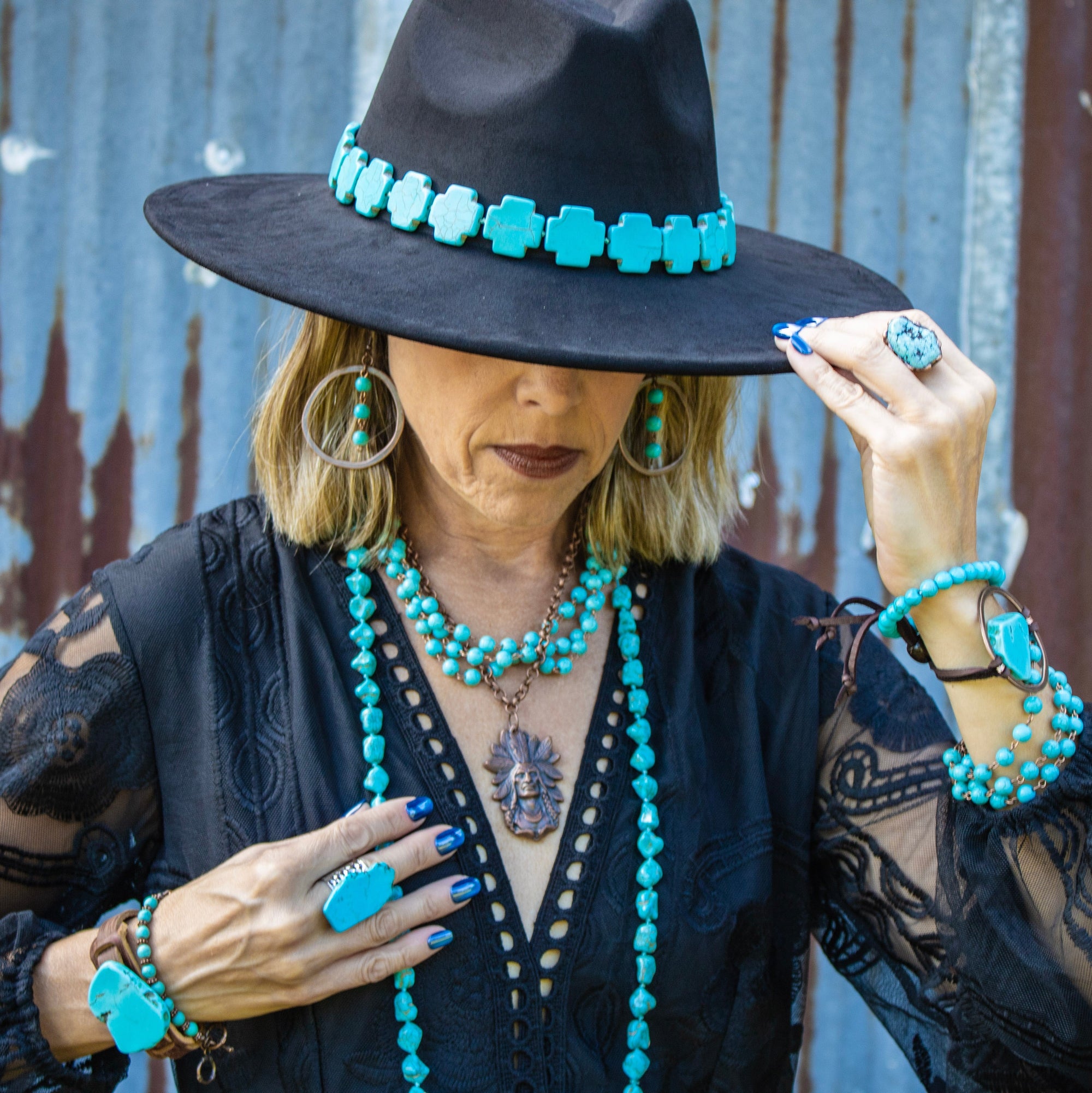 Turquoise Bracelet w/ Stone Slab &amp; Adjustable Ties 010i