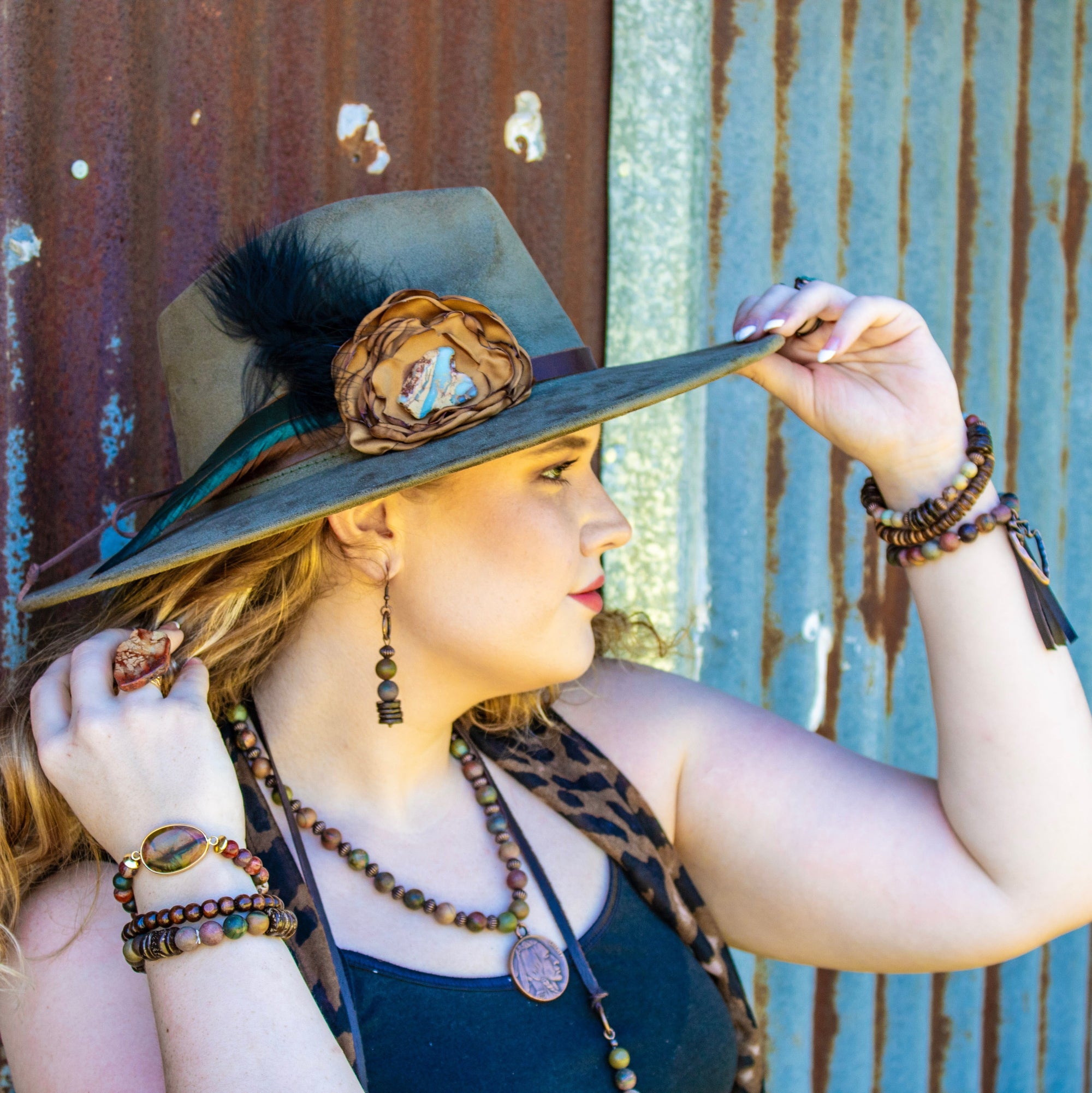 Leather Hat Band w/ Silk Flower &amp; Feathers-Old Gold (Band Only) 952v