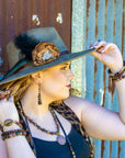 Leather Hat Band w/ Silk Flower & Feathers-Old Gold (Band Only) 952v