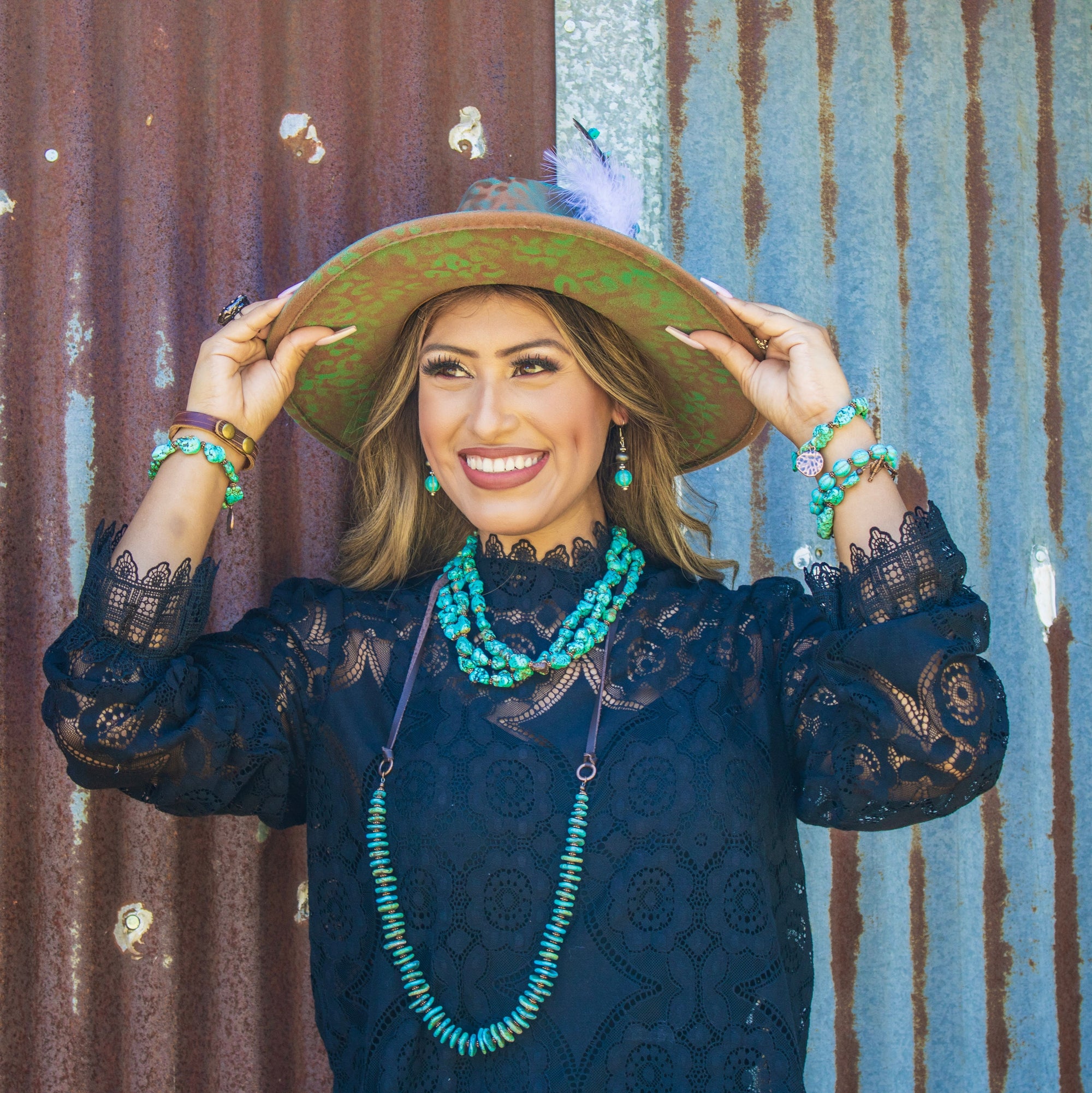 **Western Blue Turquoise w/ Silver Bead Drop Earring 200w