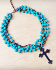 Blue Turquoise Beaded Collar Necklace w/ Cross Pendant 260y