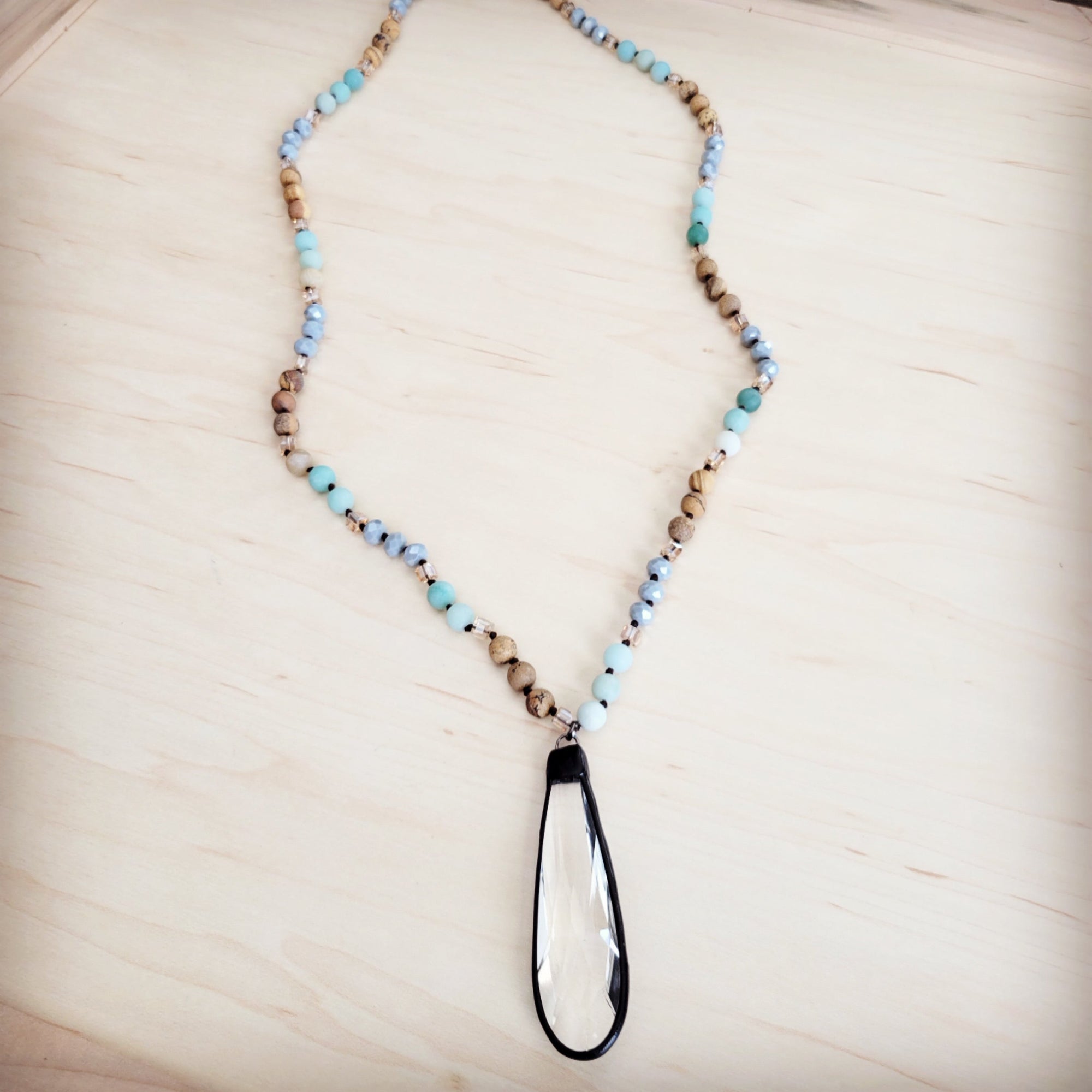 Picture Jasper &amp; Amazonite Long Beaded Necklace w/ Crystal Pendant 262r