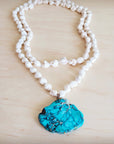Long White Turquoise Beaded Necklace w/ Genuine Regalite Pendant 263c