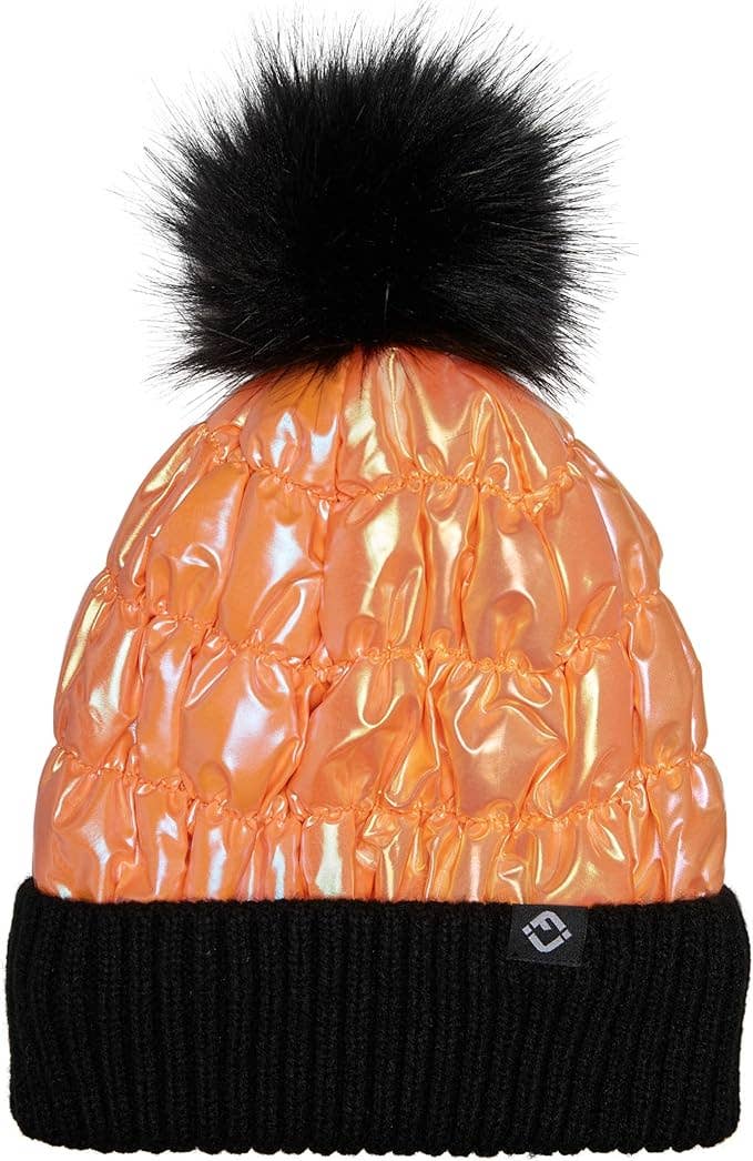 Puffer Faux Fur Pom Beanie - Black/Orange