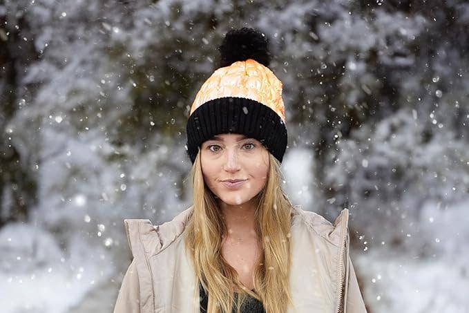 Puffer Faux Fur Pom Beanie - Black/Orange