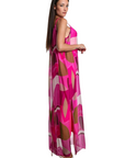 The Strawberry Shop Marla maxi dress in pink and brown retro geo print silk with spaghetti straps and side slits
