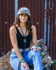 Hand-Painted Leopard Suede Baseball Cap w/ Turquoise-Ivory 986m