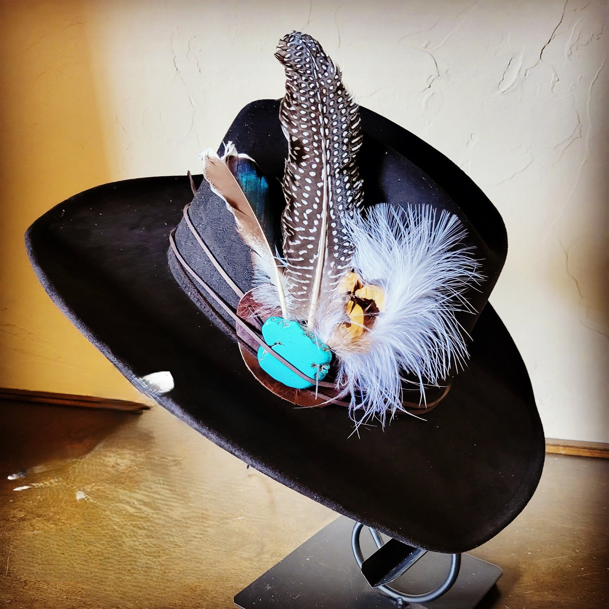 Blue Turquoise, Spotted Feather &amp; Leather Hat Band (Band Only) 980z