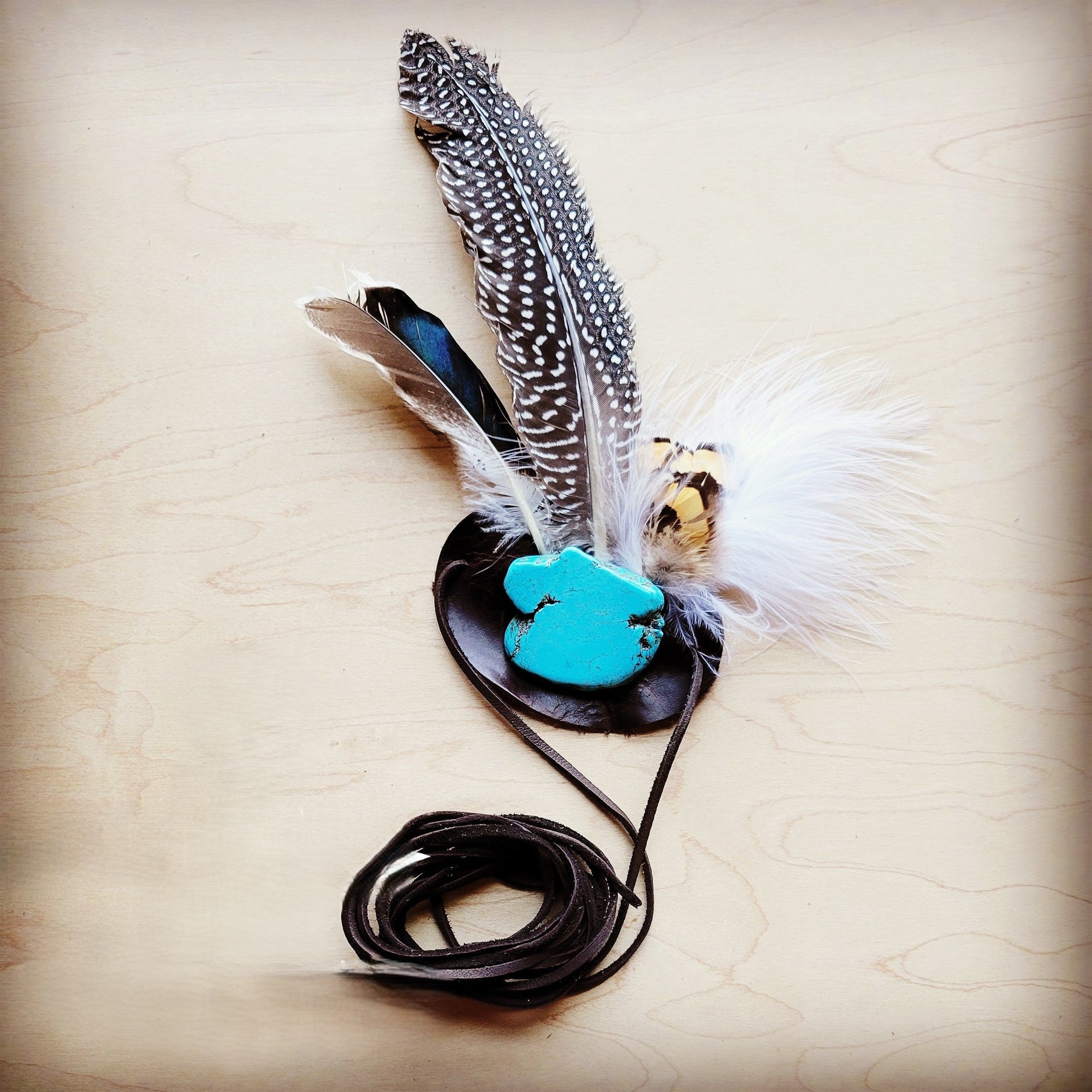 Blue Turquoise, Spotted Feather &amp; Leather Hat Band (Band Only) 980z