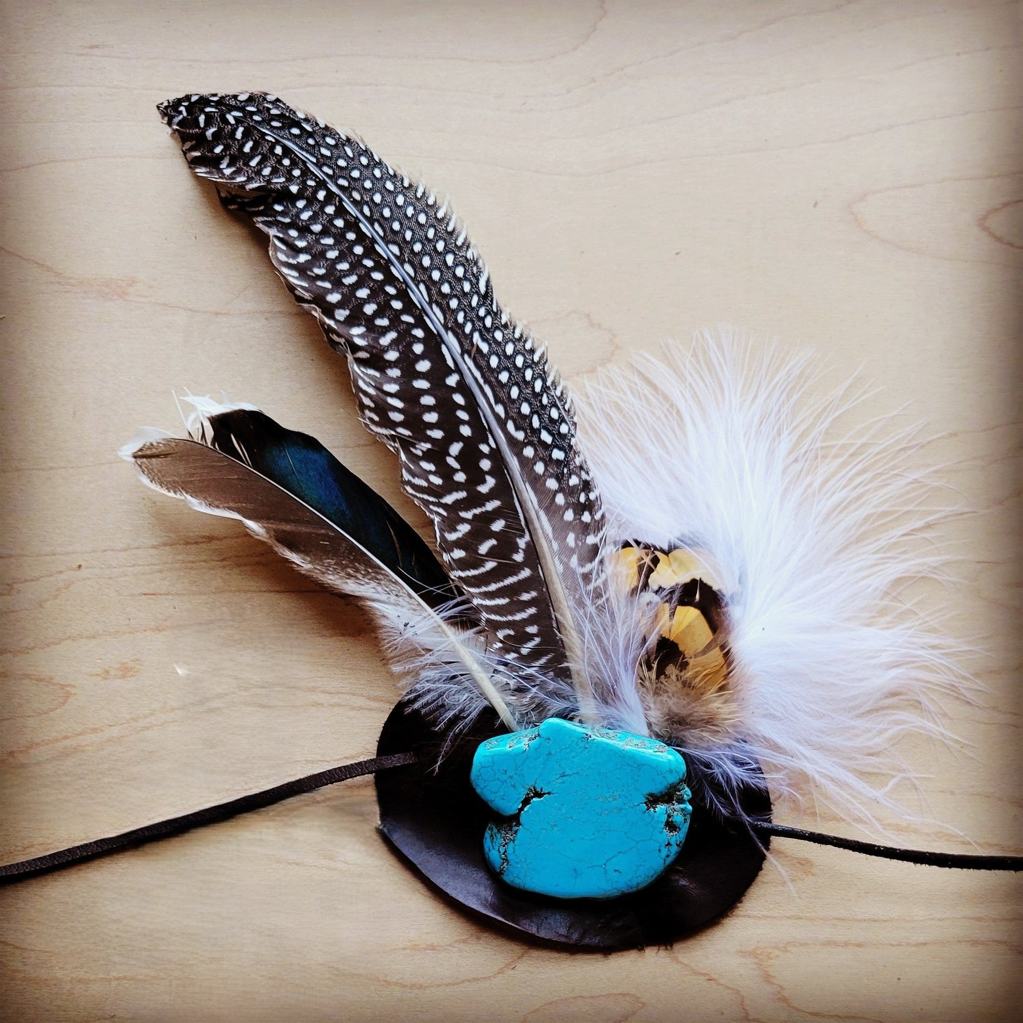 Blue Turquoise, Spotted Feather &amp; Leather Hat Band (Band Only) 980z