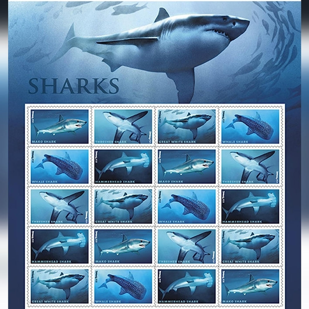 2017 USPS Sharks Forever Postage Stamps - Pane of 20