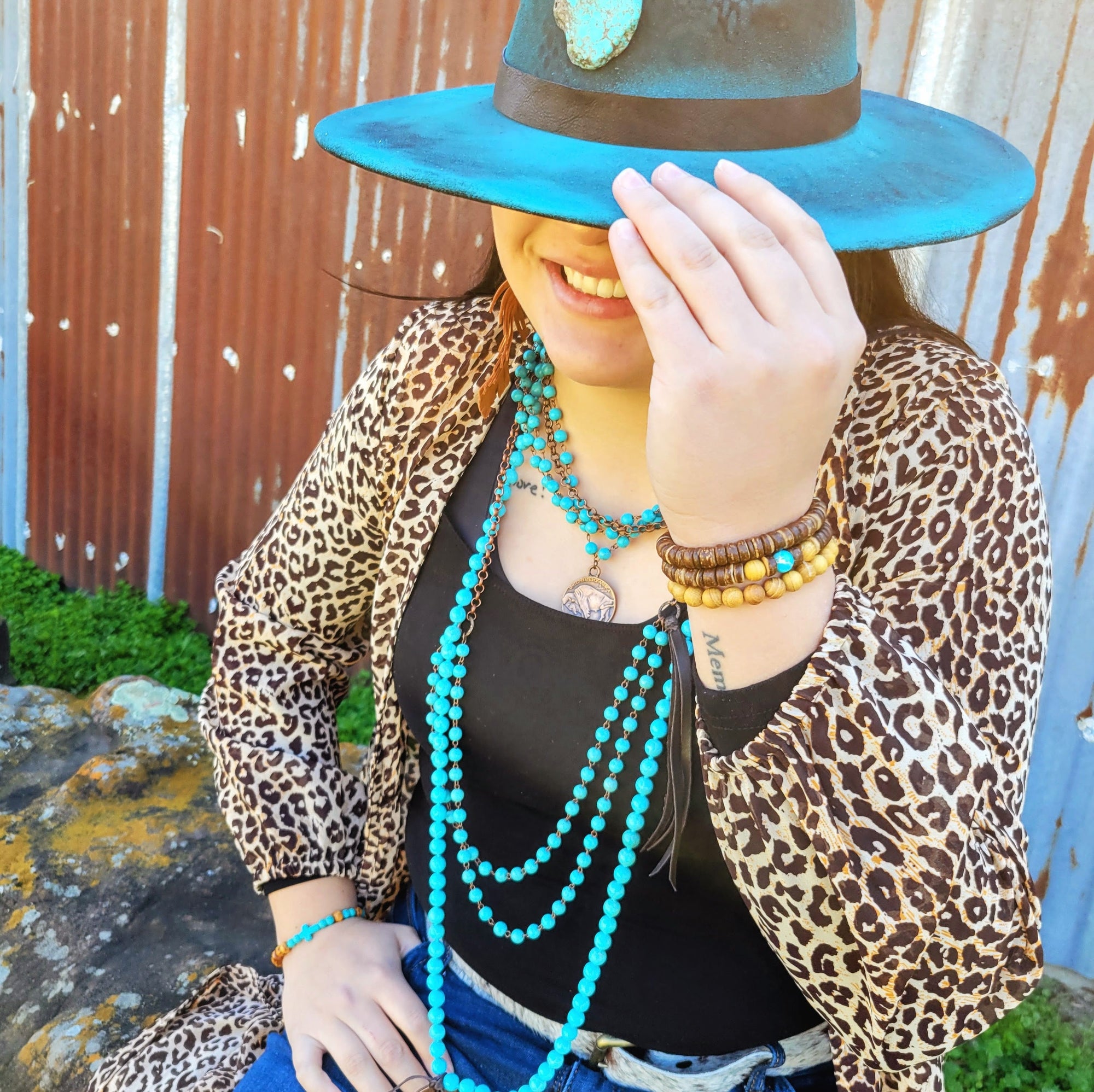 Bracelet Bar-Wood &amp; Blue Turquoise Beads 806u