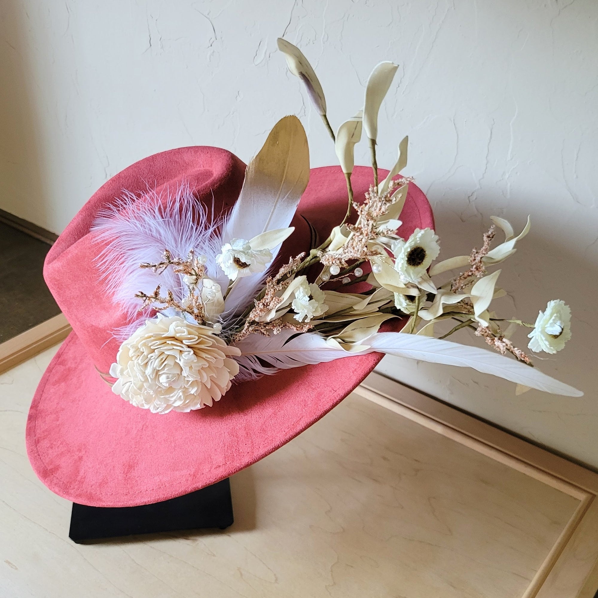 Boho Western Wedding Floral &amp; Feather Bridal Hat in Rust 984i