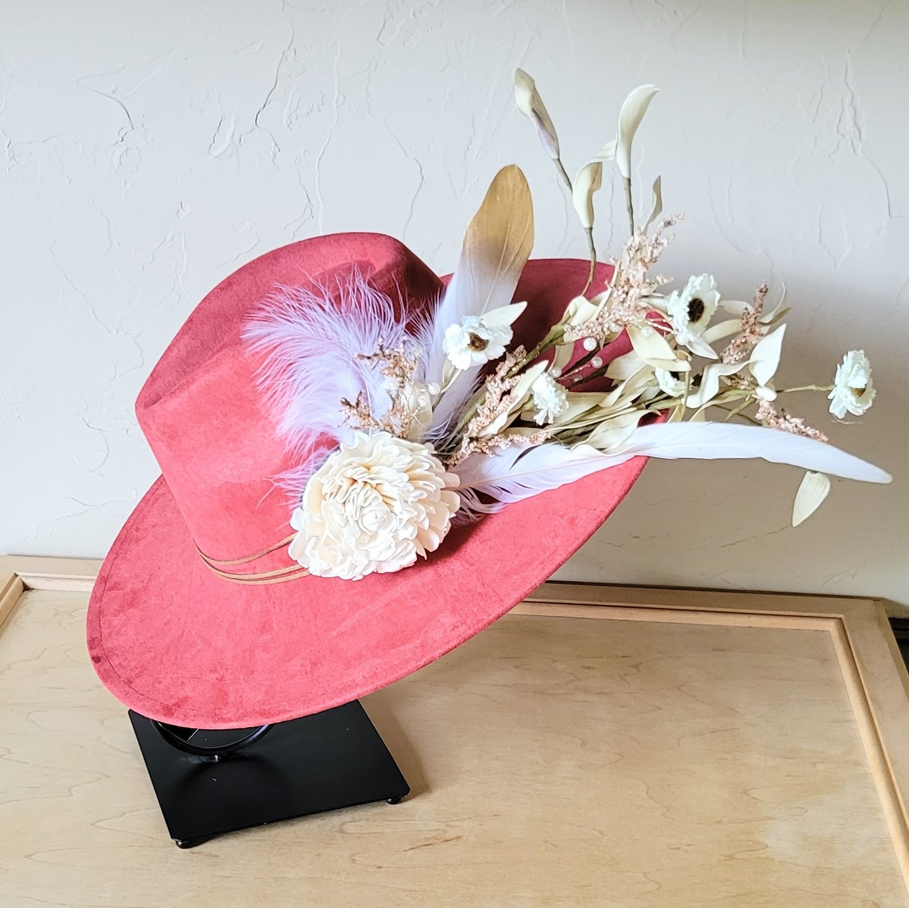 Boho Western Wedding Floral &amp; Feather Bridal Hat in Rust 984i