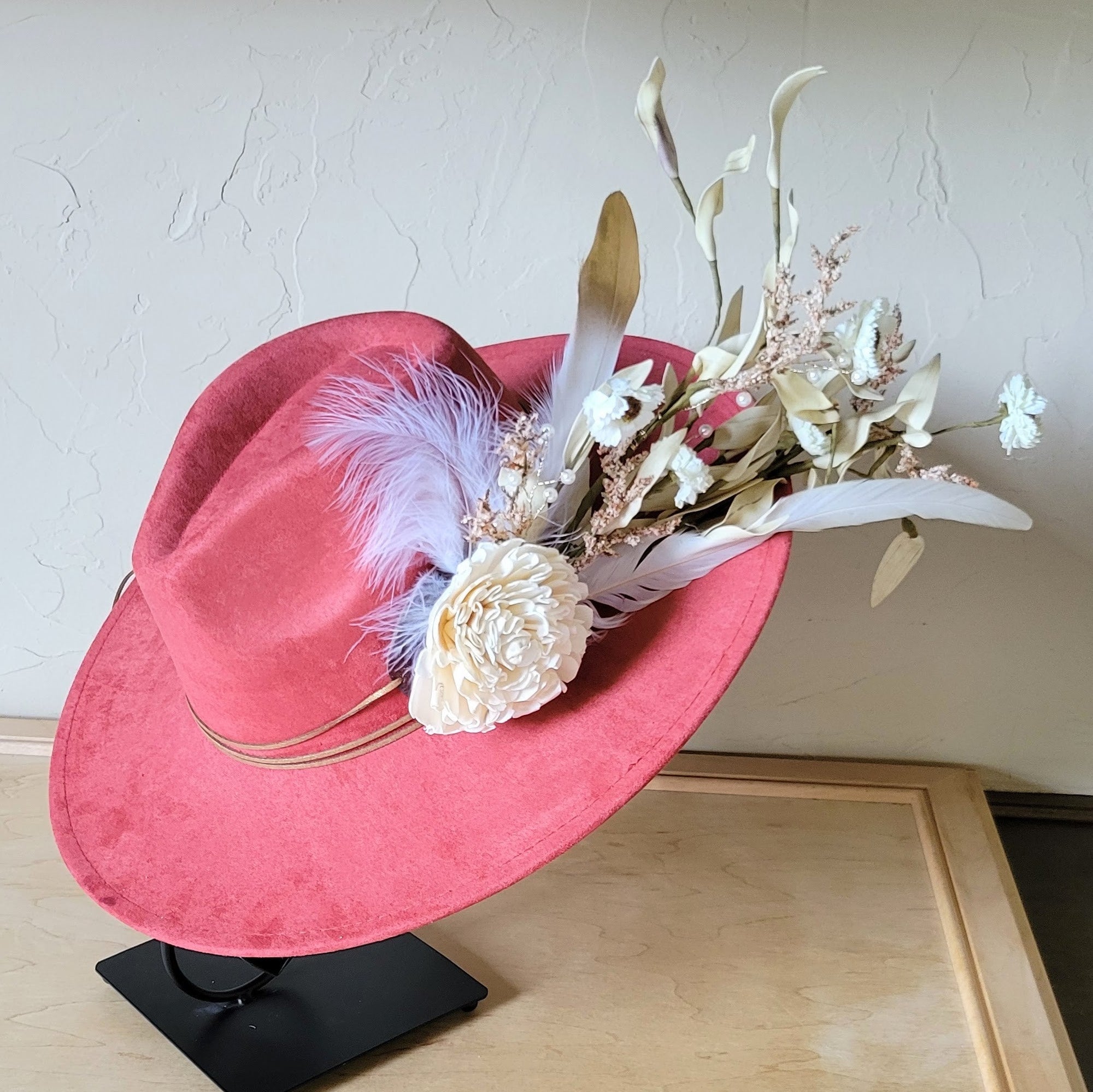 Boho Western Wedding Floral &amp; Feather Bridal Hat in Rust 984i