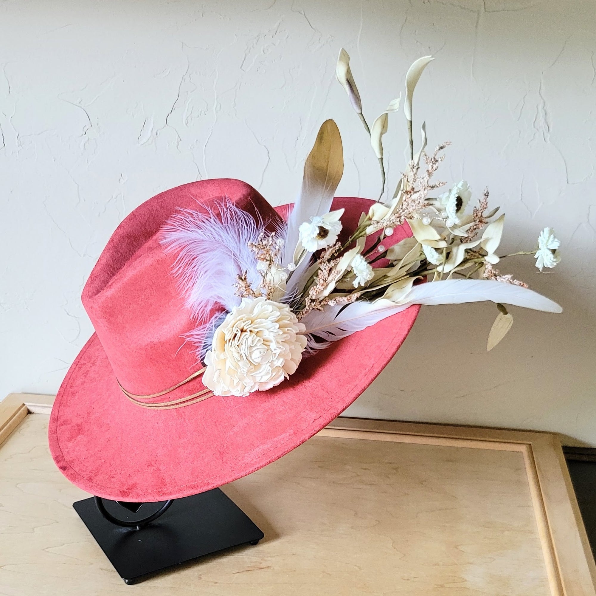 Boho Western Wedding Floral &amp; Feather Bridal Hat in Rust 984i