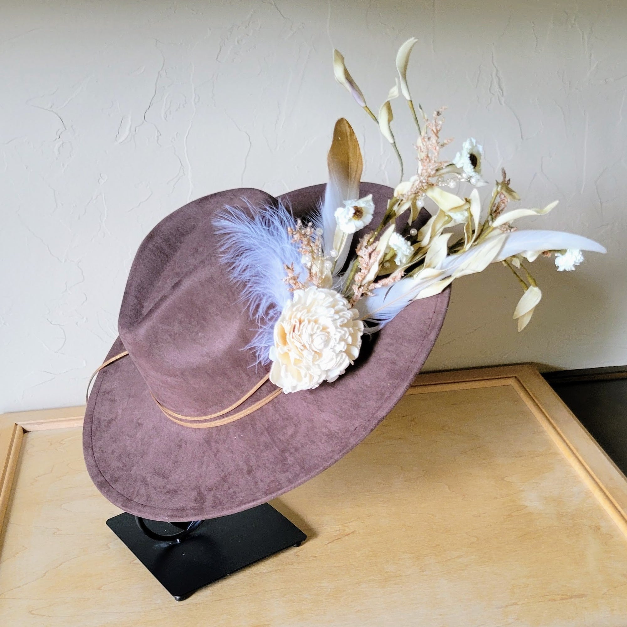 Boho Western Wedding Floral &amp; Feather Bridal Hat in Brown 984m