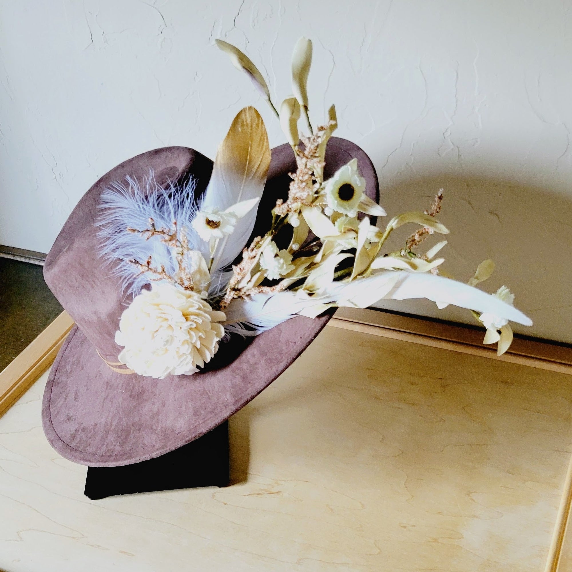 Boho Western Wedding Floral &amp; Feather Bridal Hat in Brown 984m