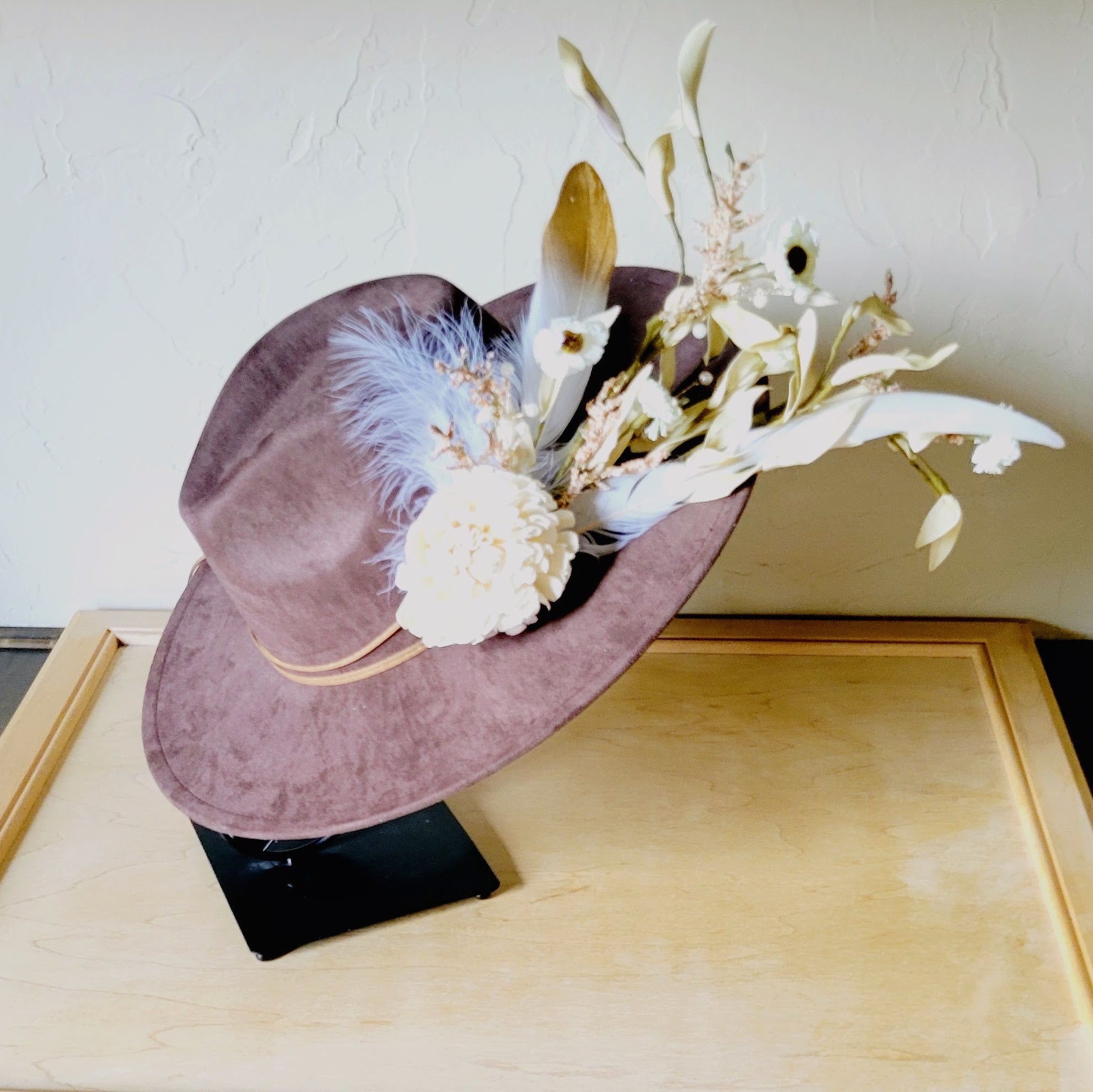 Boho Western Wedding Floral &amp; Feather Bridal Hat in Brown 984m