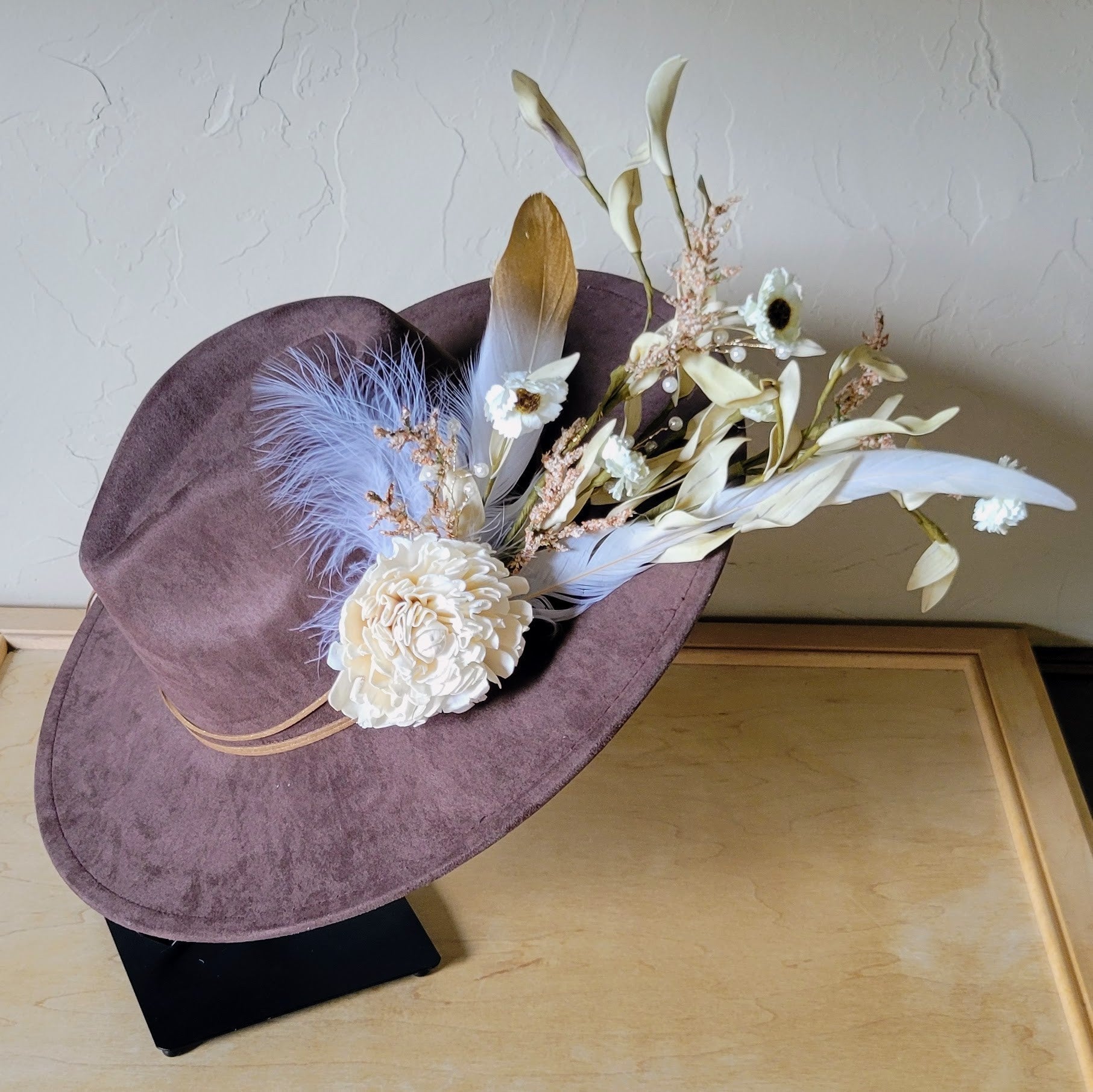 Boho Western Wedding Floral &amp; Feather Bridal Hat in Brown 984m