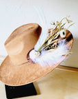Boho Western Wedding Floral & Feather Bridsmaid Hat in Tan 984p