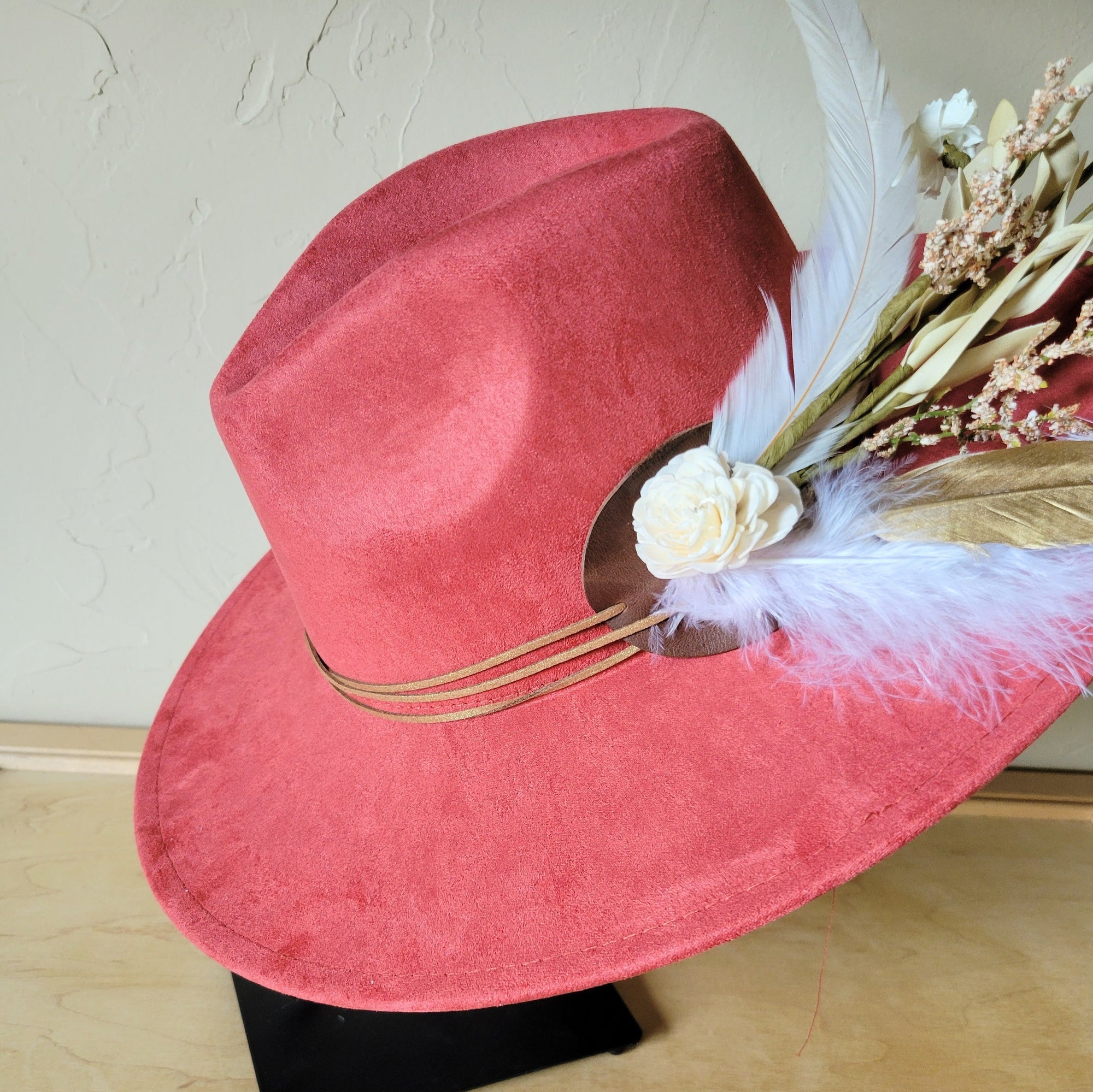 Boho Western Wedding Floral &amp; Feather Bridsmaid Hat in Rust 984q