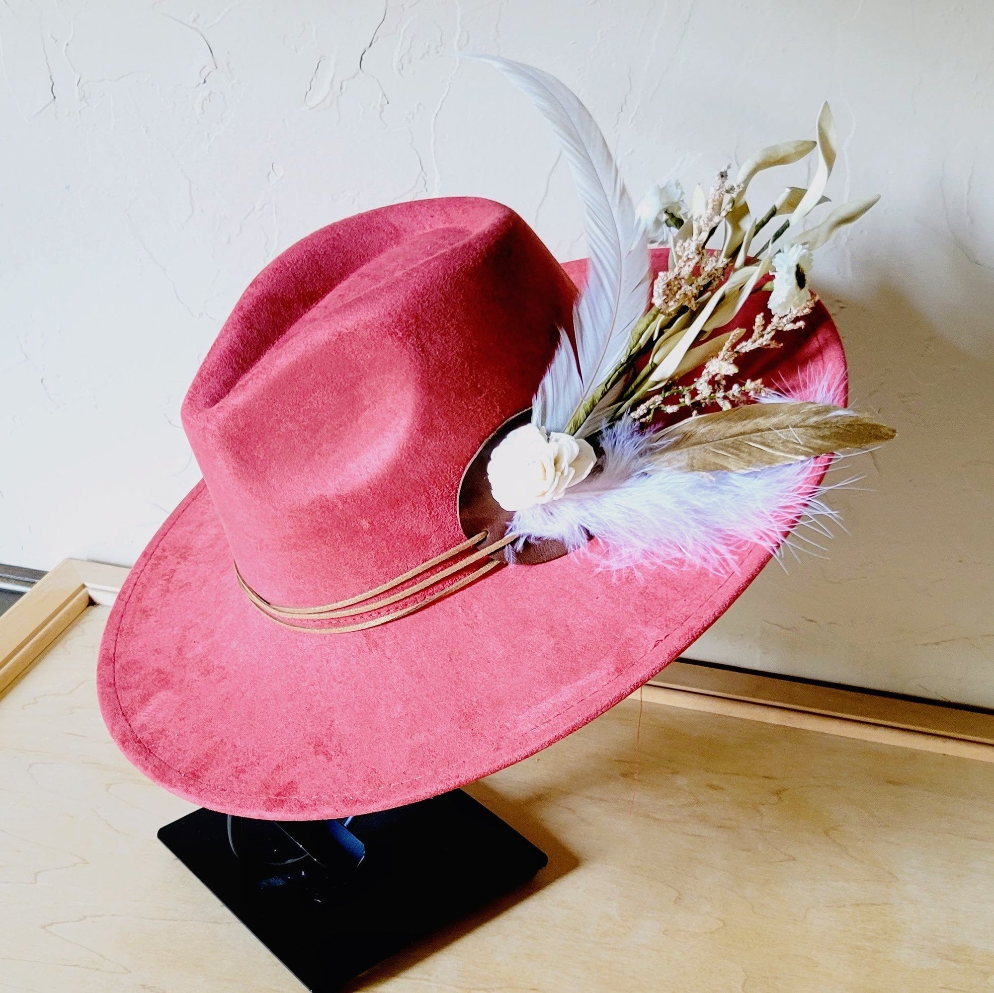 Boho Western Wedding Floral &amp; Feather Bridsmaid Hat in Rust 984q