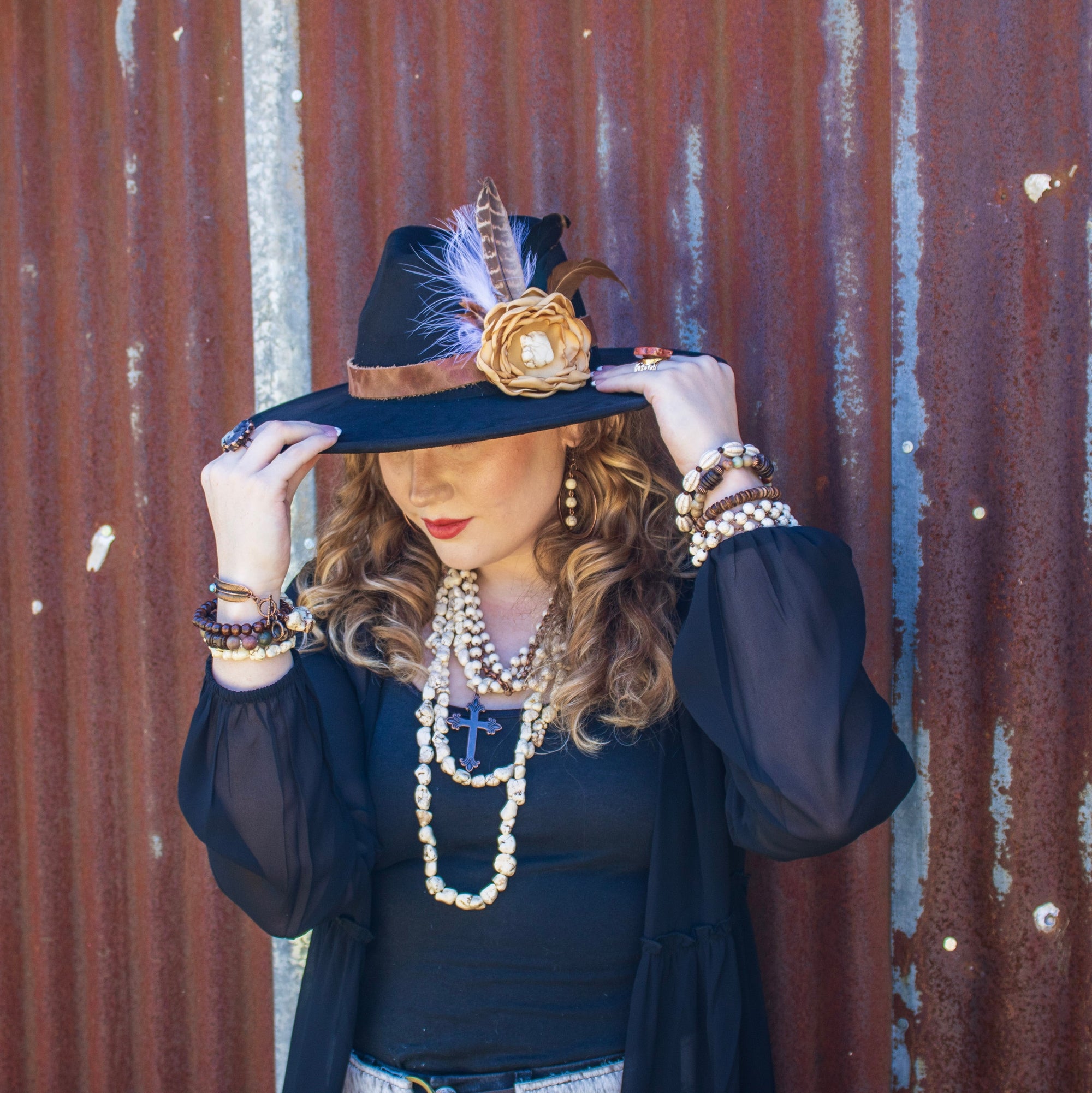 Leather Hat Band w/ Silk Flower &amp; Feathers-Gold (Band Only) 952x