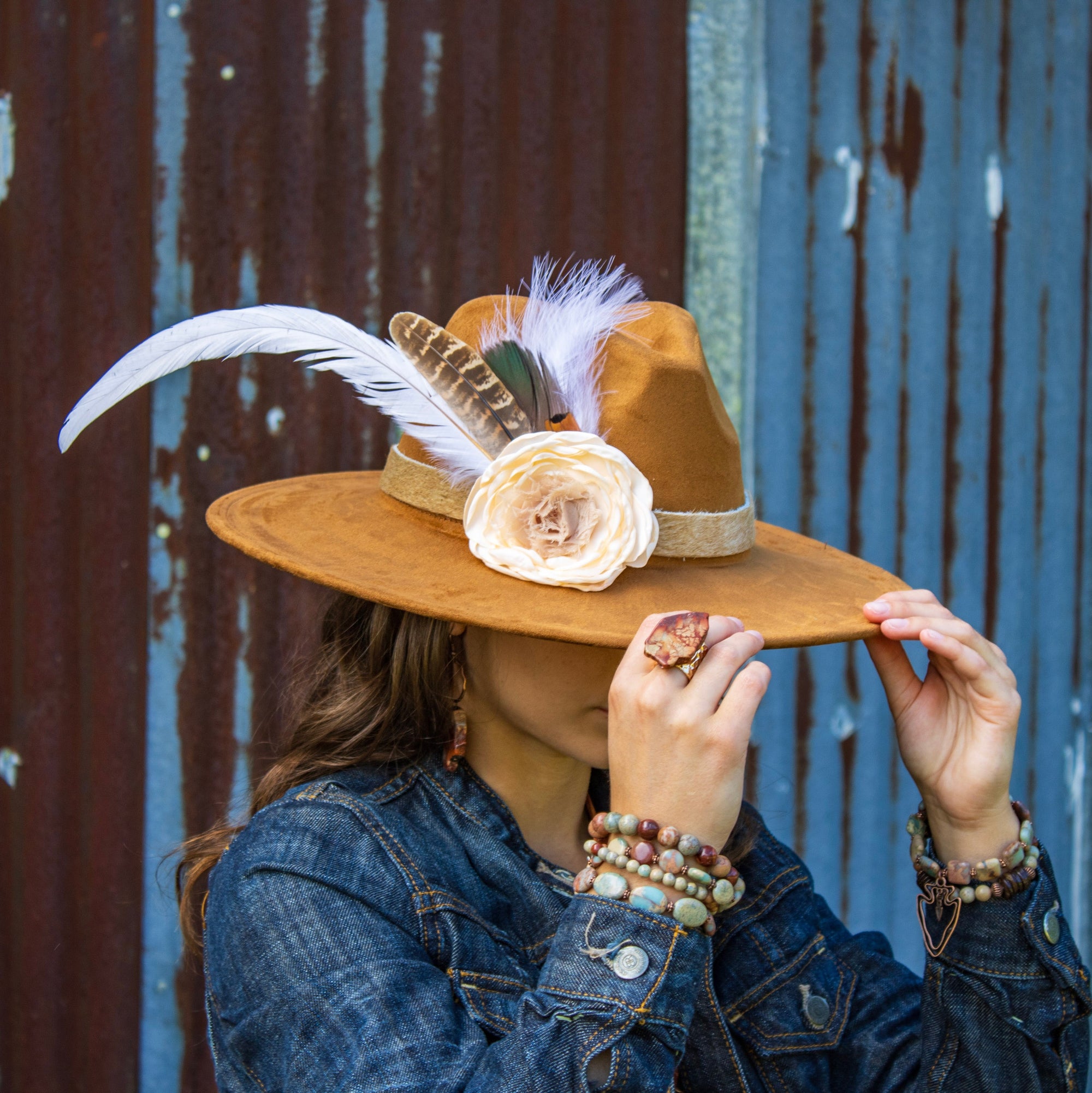 Leather Hat Band w/ Silk Flower &amp; Feathers-Ivory (Band Only) 952s
