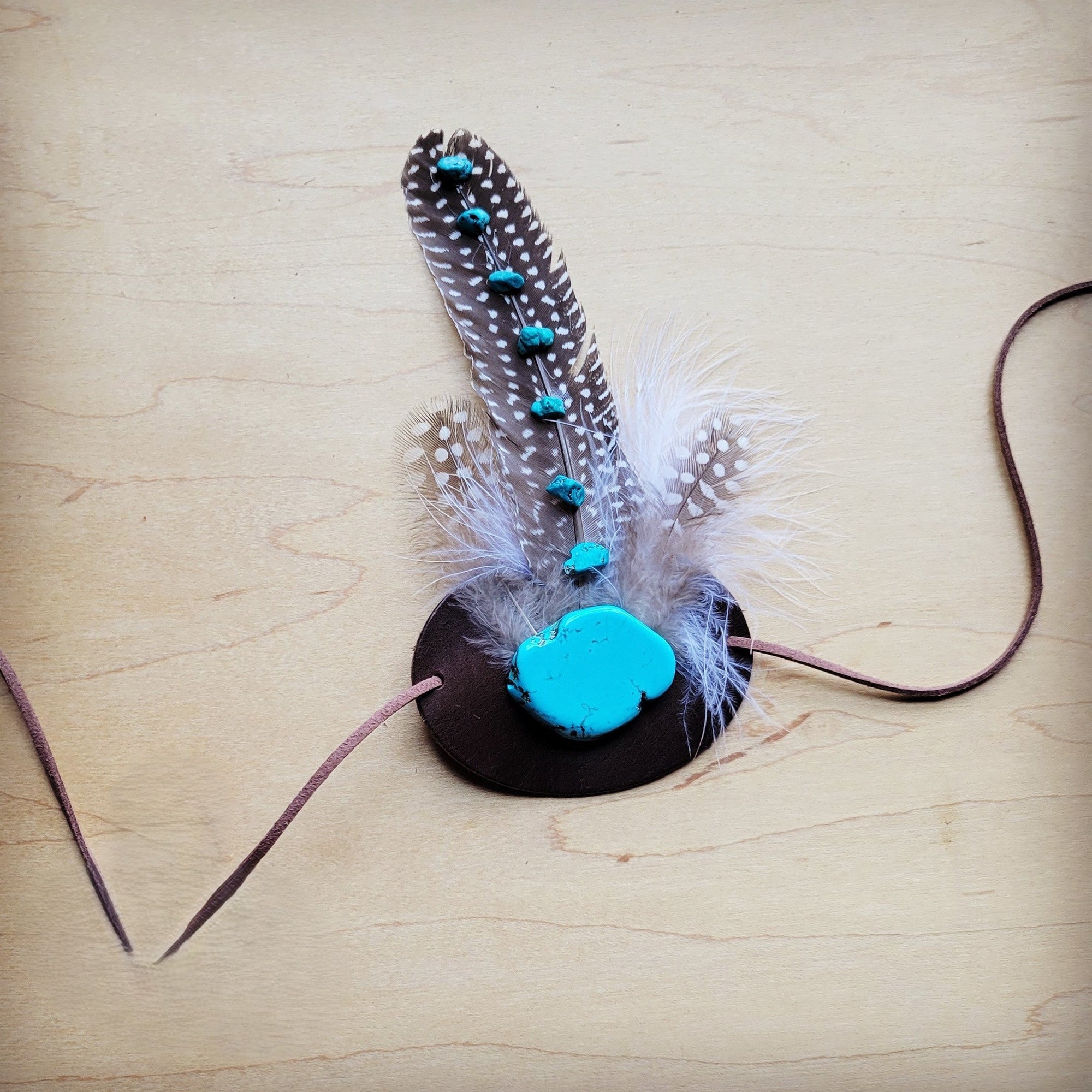 Turquoise Accent Guinea Feather &amp; Leather Hat Band Only 952e