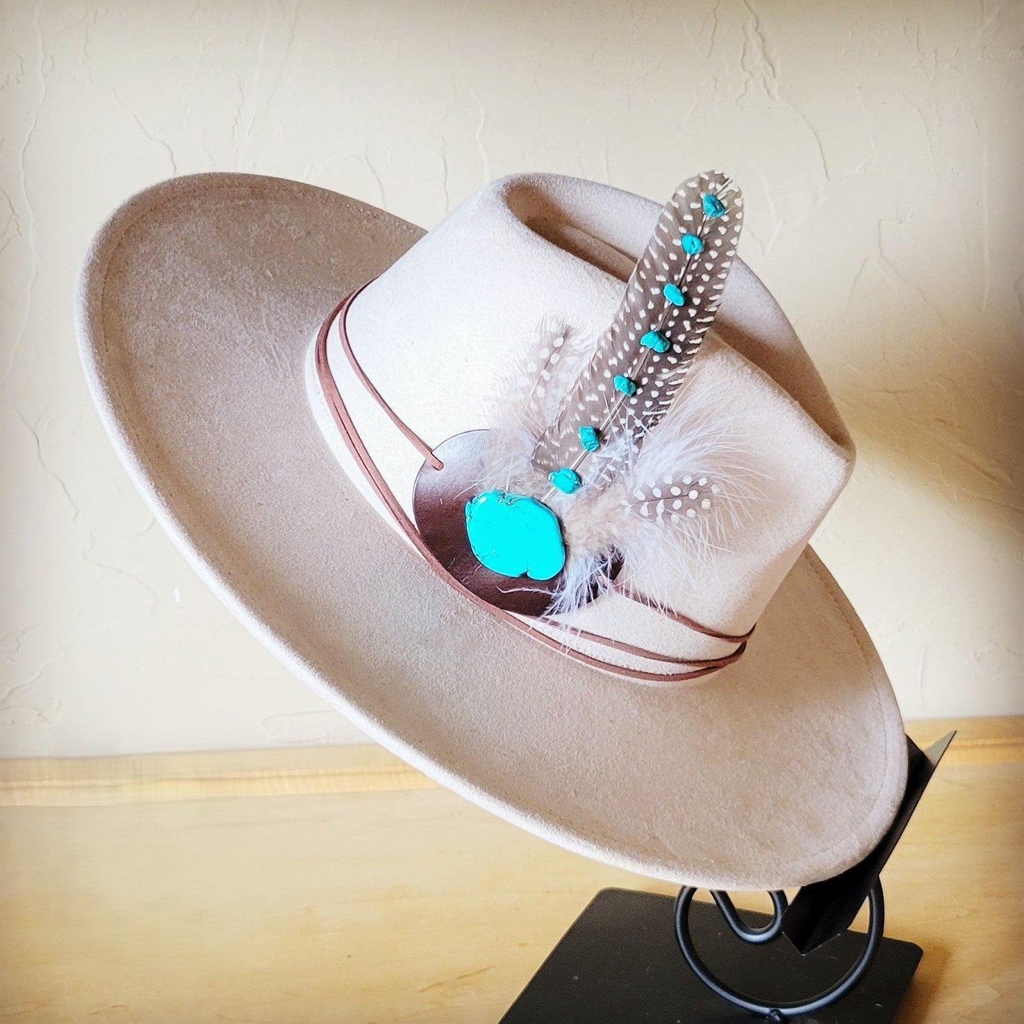 Turquoise Accent Guinea Feather &amp; Leather Hat Band Only 952e